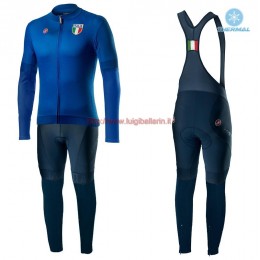 Completo Ciclismo 2020 Italia Blu thermique Maglia Ciclismo Manica Lunga e Salopette Lunga