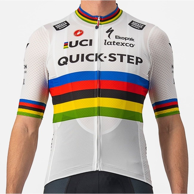 Quick Step Alpha Vinyl Road World Champion Rainbow Jersey 2022 Competizione Maglia da ciclismo a manica corta Squadra di ciclismo professionale Quick Step Alpha Vinyl Road World Champion Rainbow Jersey 2022 Competizione Maglia da ciclismo a manica corta Squadra di ciclismo professionale